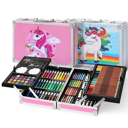 OBIXO Art Set kitchan with 145 Pieces, Drawing Set with Feathers, Colors, Paints, Aquarelles and Crayolas, Painting Kit with Portable Organizer Case in Pink Briefcase Shape (Wood, Aluminium)