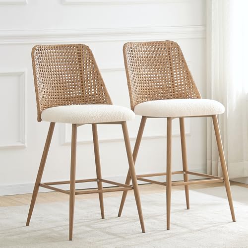 Butacos modernos de altura para barra, juego de 2 unidades, asiento de tela bouclé y respaldo de ratán PE, patas metálicas, color marrón miniatura 1