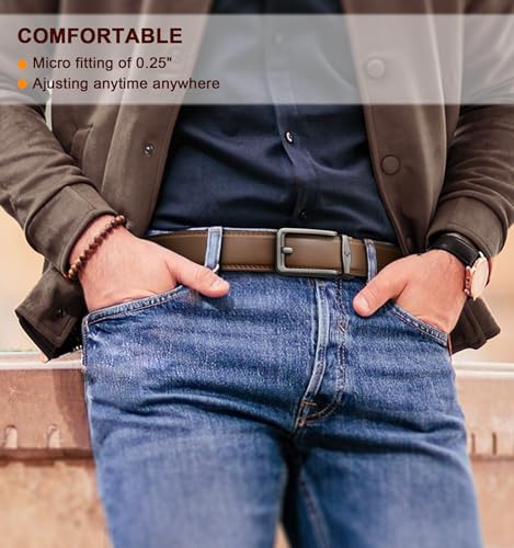 Image of BULLIANT Men Ratchet Belt 2 Pack, Click Sliding Leather Belt Adjustable for Gift Men Dress Casual Jeans 1 3 /8,Cut for Fit