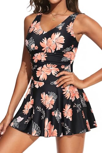 Image of Yonique One Piece Swimsuits for Women Modest Tummy Control Swimdress Vintage Bathing Suits Skirt Swimwear