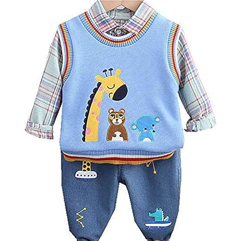 Peacolate Baby Boy Infant Toddler Clothing Set Outfits 3pcs Set Shirt and Knitted Vest and Jeans(blue,18-24M) Cover