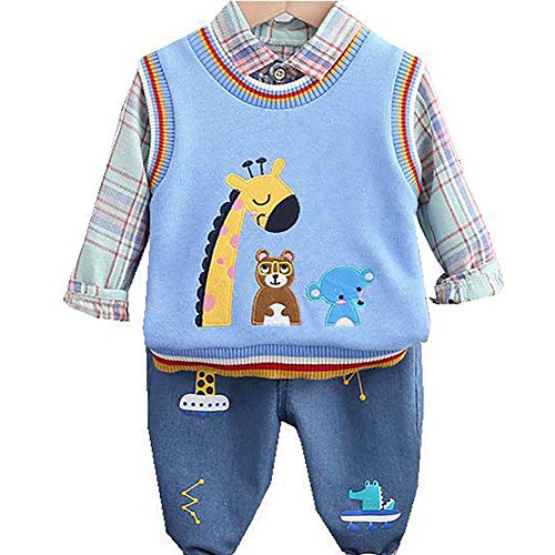 Peacolate Baby Jungen Bekleidungssets ,Baby Neugeborenen Outfit Babykleidung Set Kleikind Anzug Langarm Hemden Strickwesten und Jeanshose für 6 Monate- 3 Jahre (Blau,6-12Monate) Cover