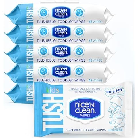 Nice 'N CLEAN Flushable Toddler Wipes 42ct (6-Pack) | 100% Plant-Based, Unscented Wet Wipes for Sensitive Skin | Potty Training Essentials | Flushable Baby Wipes for All Ages Cover