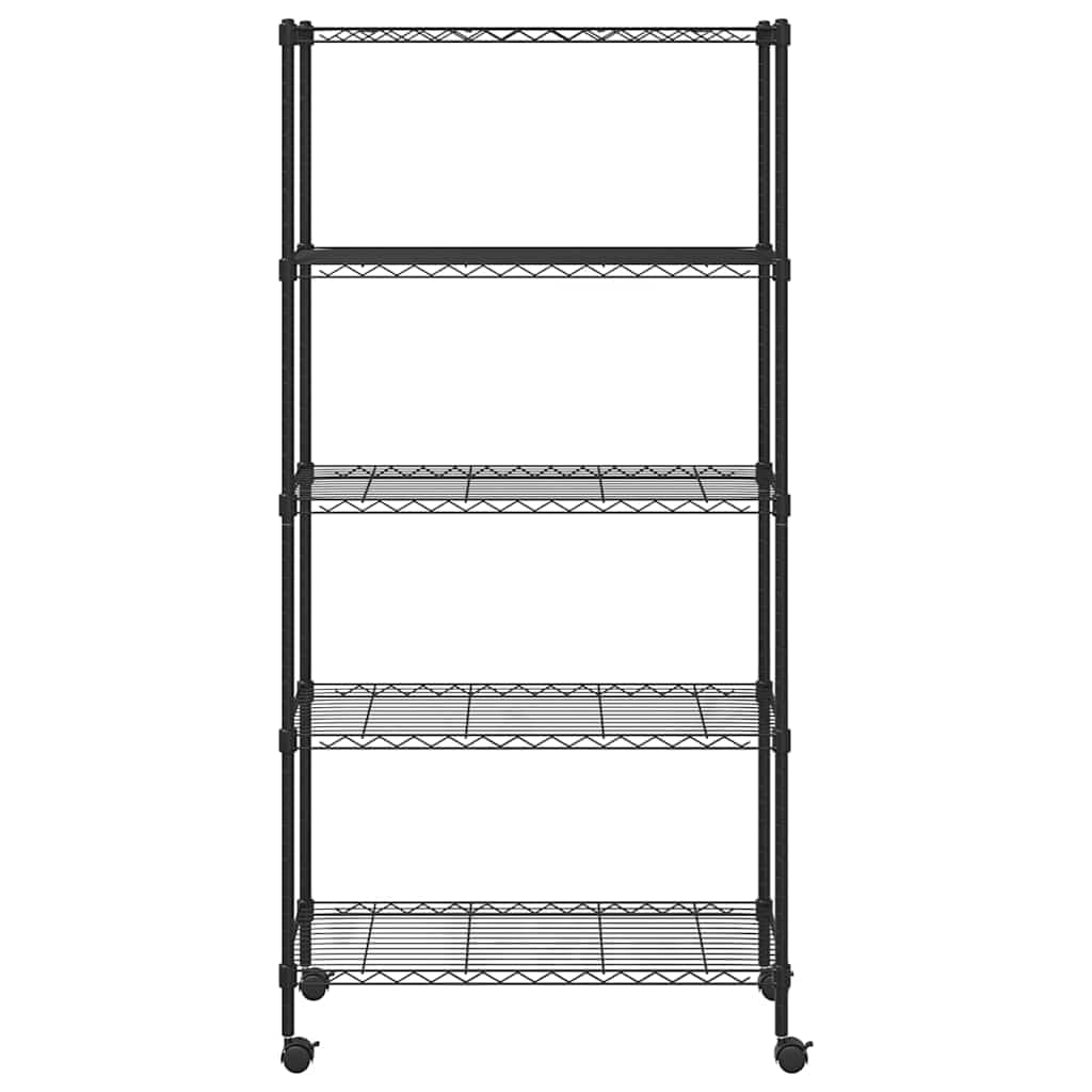 Scaffale in ferro nero con ripiani a griglia e 4 ruote, versatile per cucina, bagno, ufficio, cantina o officina