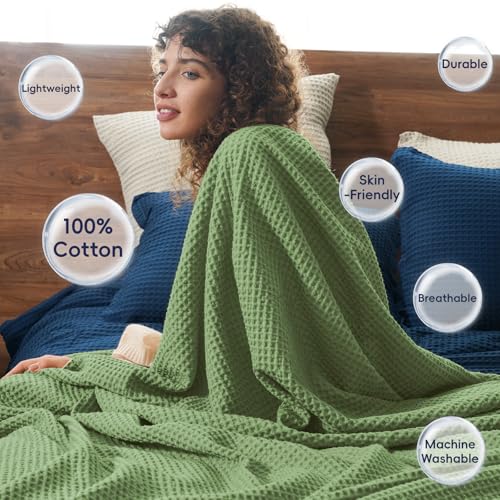 Image of PHF 100% Cotton Waffle Throw Blanket Lightweight Breathable, Loden Green