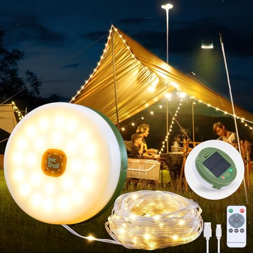 Solar Camping String Lights, Retractable Waterproof 33FT LED Camp Light with 8 Light Modes,...