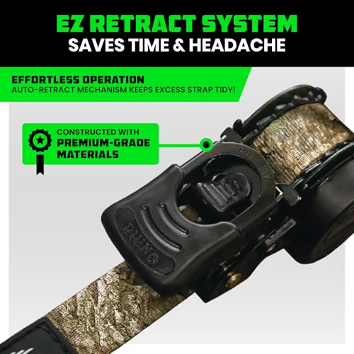 Image of Rhino USA x Realtree Retractable Ratchet Straps (2PK) 2 inchx 9' (1,209lb Break Strength)- Heavy Duty Auto Self Retracting Tie Down Straps for Truck, Cargo Trailer, Motorcycle, ATV, UTV- Realtree APX Camo