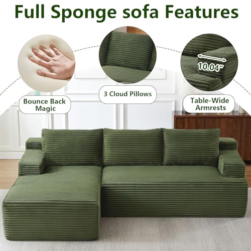 Image of 96 inch Modular Sectional Sofa, Modern Corduroy Cloud Couch, Boneless Couch Upholstered 3-Seater L-Shaped Sofa for Living Room, No Assembly Required (Green, Left-Facing Chaise)