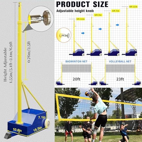Adjustable Volleyball Poles with Net - Indoor/Outdoor Heavy Duty, 4 Heights (5ft-6.8ft), Portable with Wheels, Perfect for Adults & Kids, Stadium Use