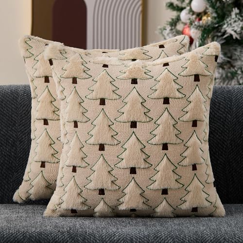 Image of Allorry Christmas Pillow Covers 16x16 inch Set of 2 Christmas Decorations Soft Plush Faux Fur Wool Beige Xmas Tree Throw Pillow Cases Winter Holiday Decor for Sofa Living Room PT-012C16