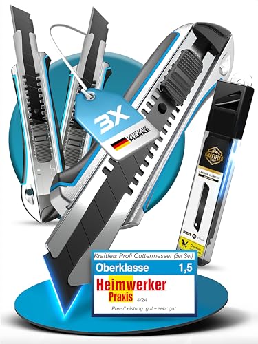 3 x Cuttermesser Profi Set (Alu Gehäuse) - inkl. 13x SK5 Carbonstahl Klingen 18mm extra scharf - Cuttermesser Set 18mm - Teppichmesser Profi - Cutter Messer - Kattermesser Metall - Tapetenmesser