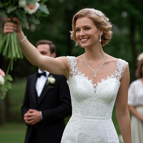 BriLove Gorgeous Wedding Jewelry Set for Women Bridal Cubic Zirconia Marquise Teardrop Leaf Cluster Y-Necklace Dangle Earrings Link Bracelet3