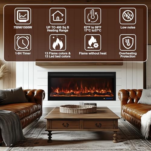 60 Inch, Recessed & Wall Mounted WiFi-Enabled Electric Fireplace Inserts with Remote Control,Timer & Thermostat Fireplace Heater, Log Set & Crystal Options, 750W/1500W, Black - Thumbnail 3