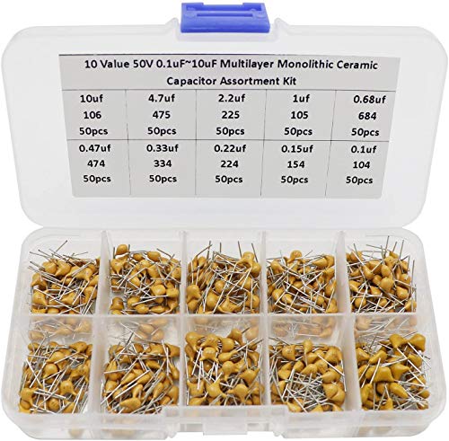 31% OFF on REES52 500PCS 10Values 0.1uF~10uF 50V DIP Multilayer Monolithic Ceramic Chip Capacitor Box Assortment Assorted kit Set with A Lable Mark Resistance, Tolerance 5%