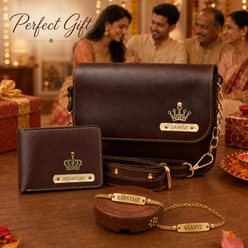 Image of SAVRI Personalized Rakshabandhan Gift for Bhaiya & Bhabhi | Customized Leather Wallet & Sling Bag with Name & Charm | Set of 2 Personalized Chain Rakhis with Name | Couple Gift for Anniversary & Rakhi