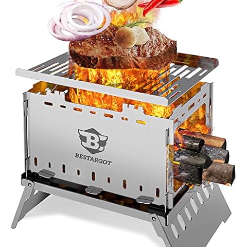 Bestargot Holzofen Hobo Kocher Outdoor Grill - Campingherde Klappbar und Winddicht Rucksack-Herd aus Edelstahl mit Tragetasche, für Solo-Camping, Wandern, Picknick, BBQ Cover