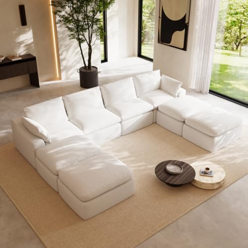Image of Novilla 133.8 inch Modular Cloud Couch, Modern Sectional Sofa with Smarts Coil Support, Chenille Fabric, Upholstered Couch for Living Room Apartments Bedroom, No Assembly, 4 Seater + 4 Ottoman, White