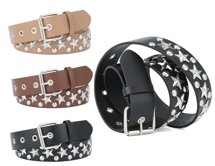 Womens Star Studded Punk Belt Gothic,Mens Black Studded Leather Belts with Star Metal for Jeans3