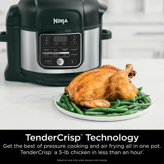 Ninja Foodi with a whole roasted chicken and green beans, illustrating TenderCrisp Technology