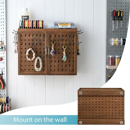 Image of Ikee Design 40Hooks Bur Holders Wood Jewelry Craft Pegboard Tool Organizer | JEWELRY TOOL STORAGE: Wooden pegboard cabinet includes doors, 40 hooks and bur holders for wall or tabletop use.