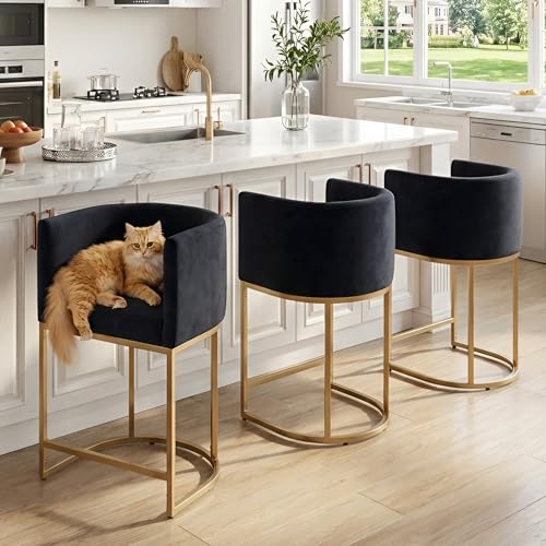 Image of HNY Modern Counter Height Velvet Fabric Upholstered Counter Stools Set of 3, 24 Inch Kitchen Island Stool with Gold Finish Metal Frame, Black