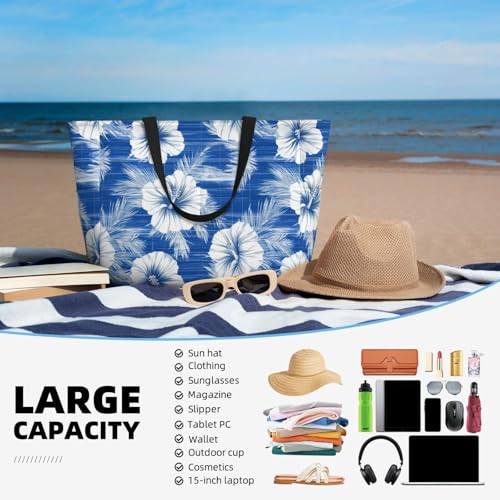 Large Beach Bags for Women Sandproof - Hawaiian Hibiscus Blue Print Summer Travel Work Tote Bags with Zipper4