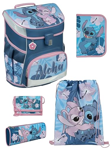 Familando Mädchen Schulranzen 1. Klasse · Scooli Campus Fit Schultasche · ergonomisch & leicht · Kinder Schulranzen Set für Mädchen (5-teilig mit Federmappe, Disney Stitch)