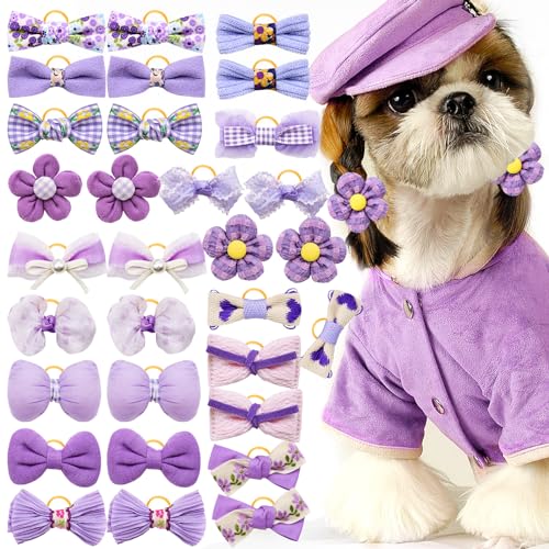 Mruq Purple Small Dog Hair Bows with Rubber Bands, Mix Handmade Cute Gooming Flower Ball Bows for Holiday Daily Accessories