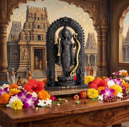 Image of Ram Lalla Idol with Temple Arch Design, Black & Gold Finish Religious Statue, Jai Shri Ram Decorative Figurine for Home Temple, Puja Room, Car Dashboard, Office Desk & Spiritual Gift
