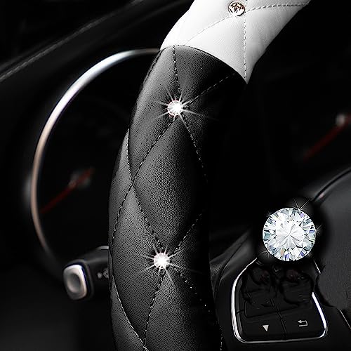 Image of YOGURTCK Cute Diamond Soft Leather Anti-Slip Steering Wheel Cover with Bling Bling Crystal Rhinestones, Universal 15 Inch for Women Girls, Fit Vehicles, Sedans, SUVs, Vans, Trucks - Black and White