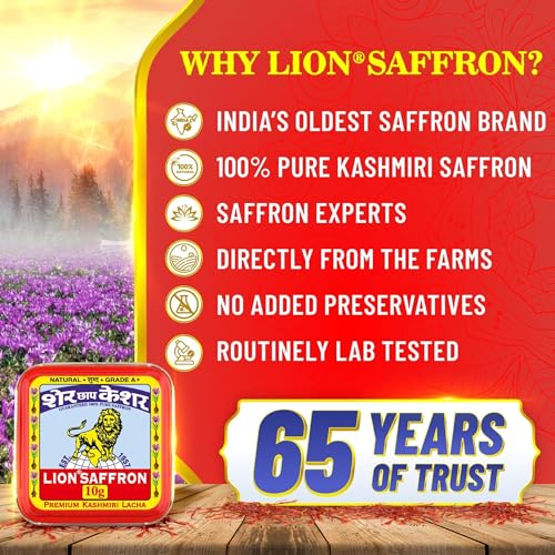 LION BRAND SAFFRON 10g, Lacha Kashmir Saffron/Kesar for Biryani, Pooja, Food and Milk - (Pack of 1, 10gm/10 grams)