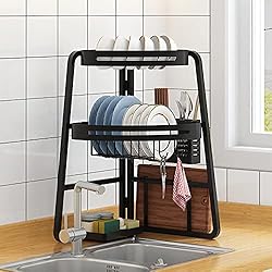 PEALOV Escurreplatos Encima Del Fregadero,Escurridor De Cubiertos,Escurridor De Platos Ajustable De Acero Inoxidable,DesagüE De Esquina Sobre El Fregadero,3 Niveles,Estante De Almacenamiento De Cocina