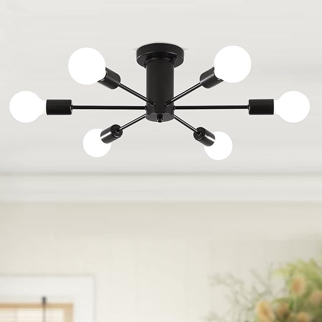 MRHYSWD 6 Lights Industrial Ceiling Lights Living Room, Modern Black Light Fittings Ceilings, Vintage Sputnik Ceiling Light for Bedroom Kitchen Dining Room Hallway, E27 Socket(Without Blubs)