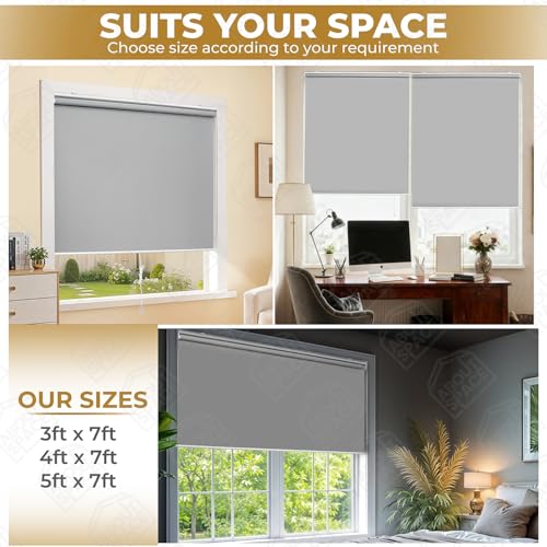 Image of ABOUT SPACE Window Blinds - 7 x 4 ft Cordless Blackout Roller Blinds for Privacy, UV Protection | 100% Blackout Roll Up Curtain Window Shades for Home, Office, Living Room, Bedroom- Light Grey