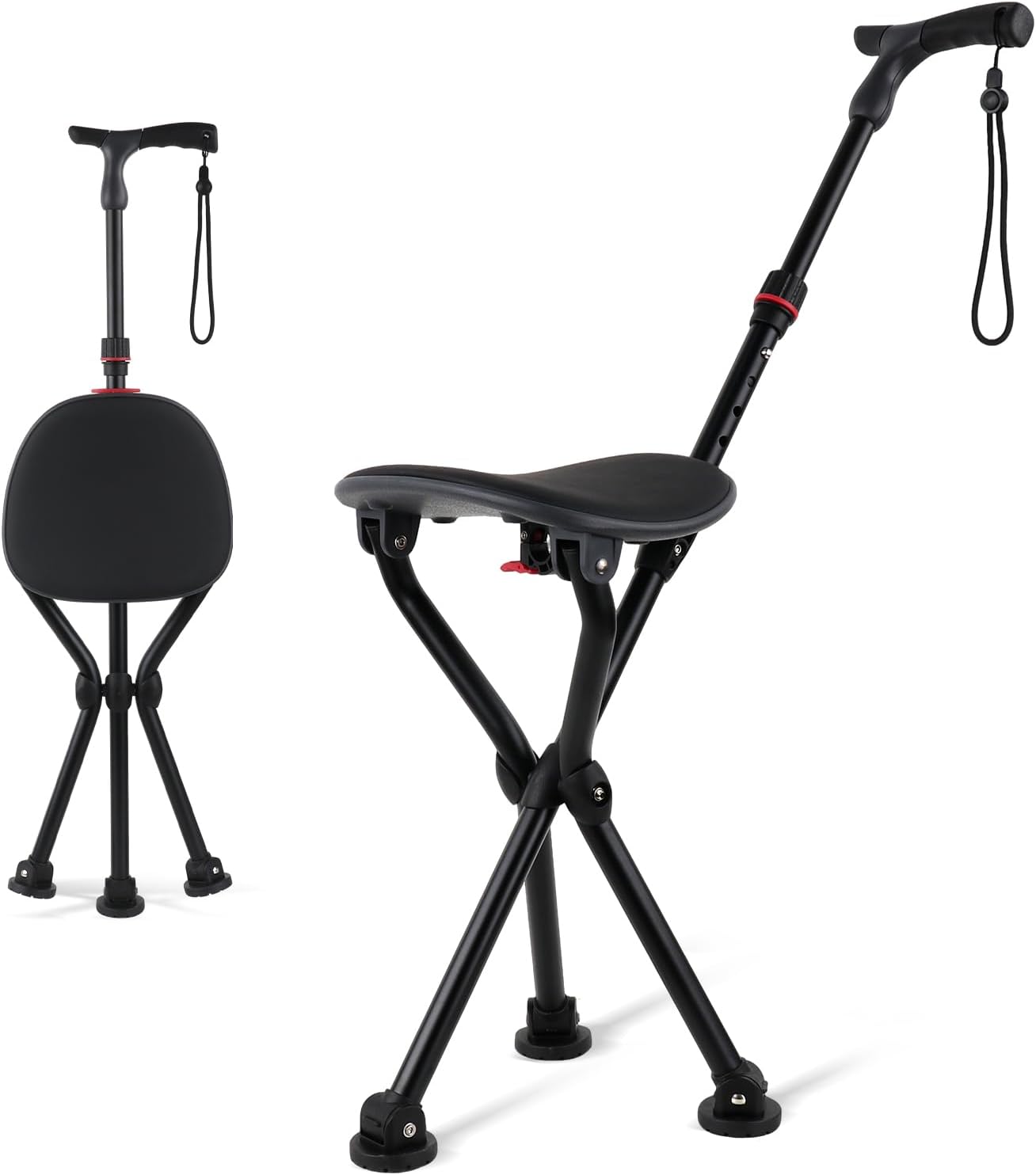 Walking Cane with Seat Holding 400lbs – Folding Lightweight Walking Cane Chair for Seniors, Adjustable Height 32"-36", Heavy-Duty 3-Legged Cane Stool for Men Women (Black)