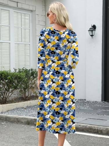 Image of Heymoments Women's Casual 3 /4 Sleeve Midi Dress Crewneck A Line Tiered Flowy Loose Travel Long Dresses with Pockets