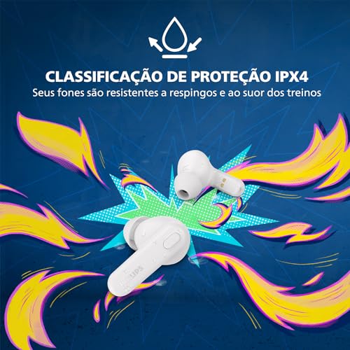 Fone de ouvido sem fio TWS Philips TAT1108WT/00 - bluetooth com microfone, formato em haste, IPX4, energia para 15 horas totais e na cor branca