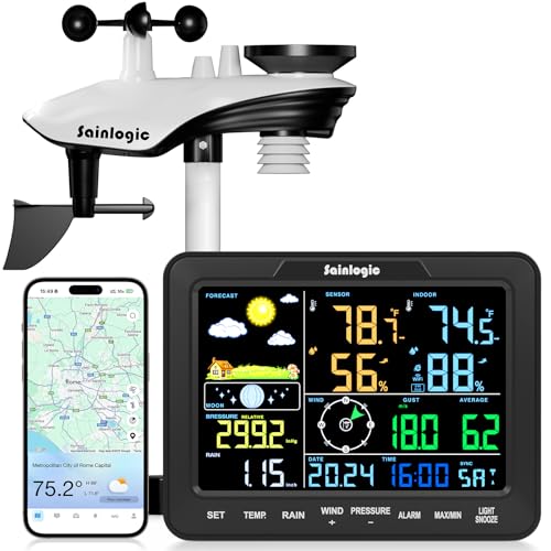 Sainlogic Stazione Meteo WiFi Intelligente SA68 Plus, Previsioni del Tempo 24/7 con IA di Weatherseed®, Avvisi tramite App/Email, Stazione Meteo Professionale, Anemometro,Archiviazione Dati per 2 Anni