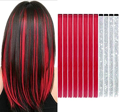 REECHO Colored Hair Extensions Hair Pieces 20 inch Long Clip in Hair Extensions 8pcs Hair Pieces+4pcs Sparking Shiny Hair Extensions Set For Party Cosplay Festivals Bright Red