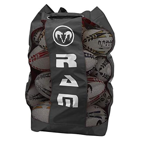 Ram Rugby Breathable Ball Bag | Single Adjustable Carry Strap | Sizes: Large (holds 18 size 5 balls) & Medium (holds 13 size 5 balls) | Colour: Grey Cover