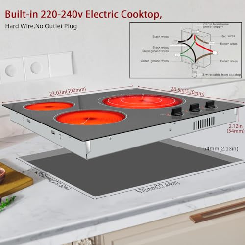 Karinear 24'' Electric Cooktop 3 Burners Ceramic Cooktop, Built-in Electric Stove Top Knob Control, Hot Warning, Over-Temperature Protection, 9 Power Setting, 220-240v, 5700W, Hard Wire (No Plug)