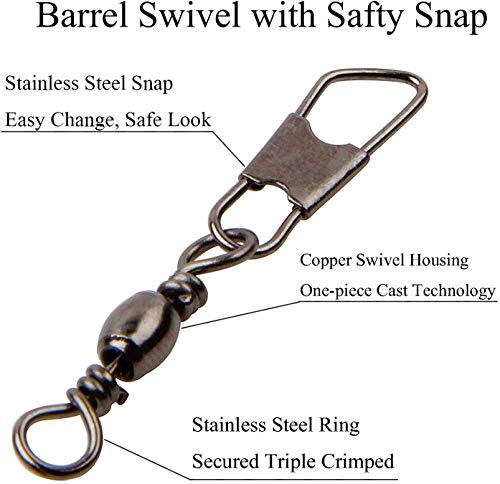 image for AGOOL 50pcs Barrel Swivel with Safty Snap Connector Fishing Swivels wi