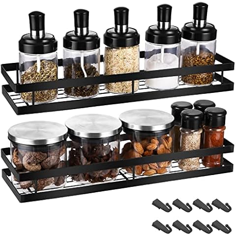 2-piece spice rack set, wall spice rack, spice rack, kitchen storage shelf for spices, suitable for kitchen, bathroom, balcony, 40 x 12 x 5.5 cm (Black) Cover