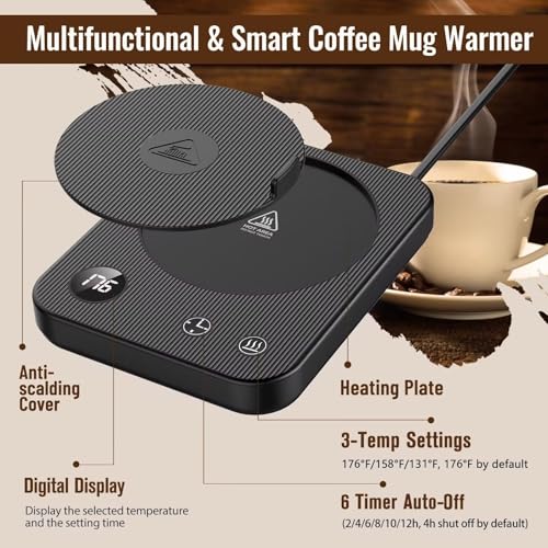 Image of Mug Warmer, 3-Temp Setting Coffee Mug Warmer, Coffee Warmer with 2-12Hrs Auto Shut-Off, Mug Warmer for Desk Anti Scalding Silicone, Coffee Cup Warmer Digital Screen, Electric Coffee Warmer for Desk