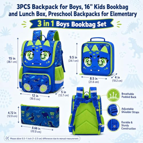 Image of KLFVB 3PCS Backpack for Girls and Boys, 15 inch Unicorn Dinosaur Bookbag with Lunch Box, Kids Preschool School bag