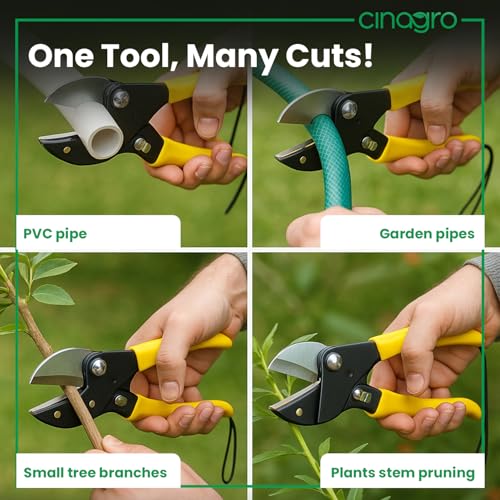 Image of Cinagro 8.5 Inch Anvil Pruner, Ultra Sharp Hardened Steel Blade, Cuts Up to 3 /4 Inch Branches, Garden Hoses or PVC Pipes, Full Metal Body, Anti-Slip Ergonomic Grip, Single-Hand Lever Operation