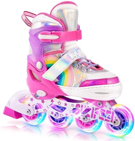 SULIFEEL Rainbow Unicorn Inline Skates for Girls Boys 4 Size Adjustable Light up Wheels Skates for Kids Beginner