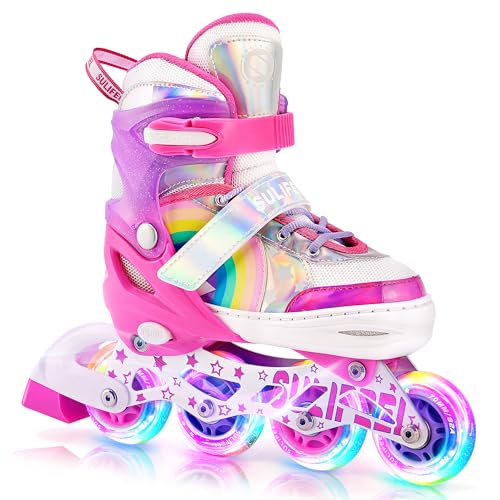 SULIFEEL Unicorn Adjustable Inline Skates for Girls Kids with All Illuminating PU Wheels for Outdoor and Indoor Beginner Skates Rose Red