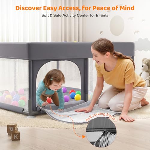 Image of Dripex Baby Playpen, 47 inchx47 inch Small Play Pen for Babies, Dark Grey | With Buildmat /Colorful Balls /Pull up Rings, Breathable Visible Mesh, Easy Setup, Indoor /Outdoor Use
