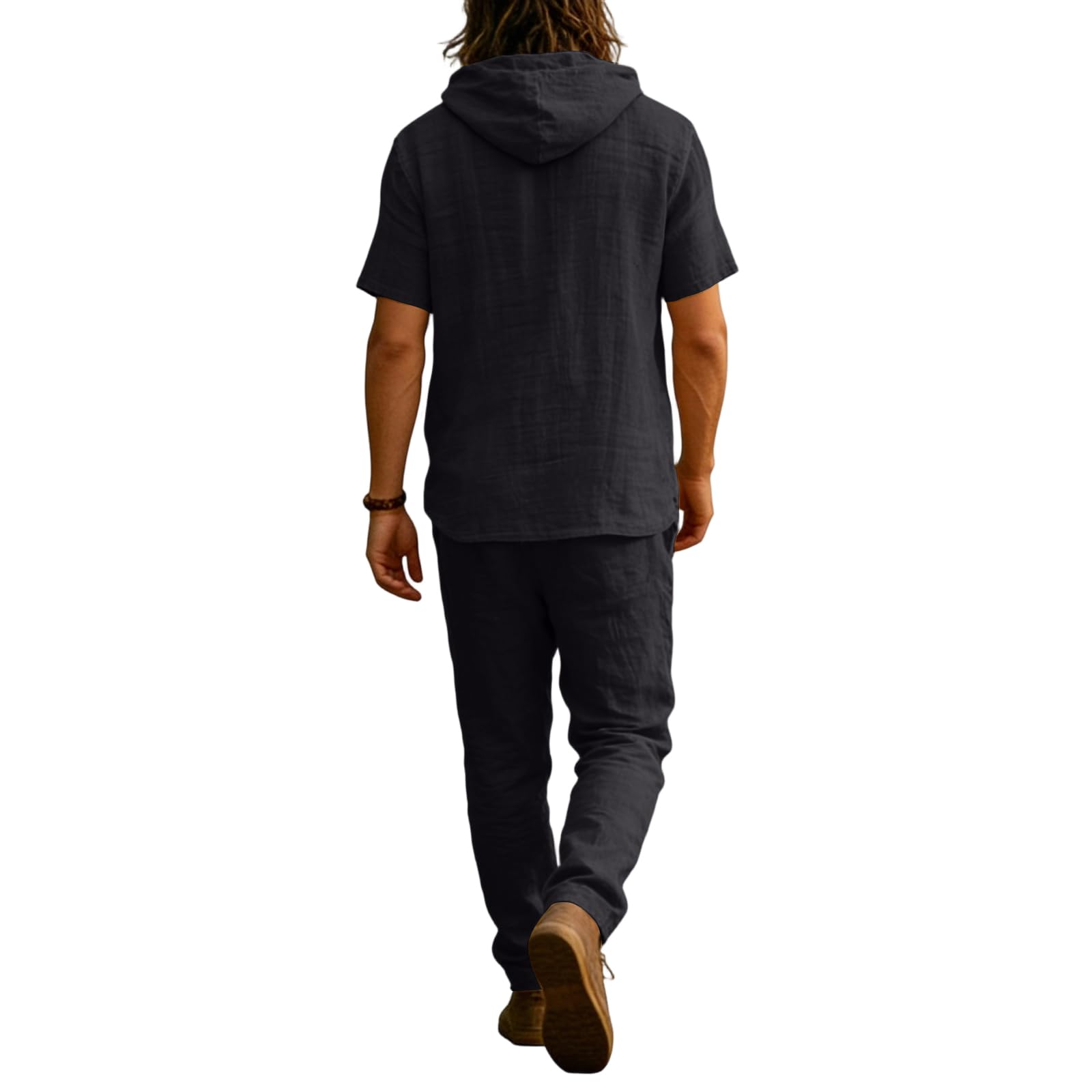 Ensemble Lin Homme Couleur Pure Chemise Manche Courte avec Capuche Et Pantalon Vetement Homme Ensemble Souple Stretch Basique 2 Pièce Vacances Voyage Plage